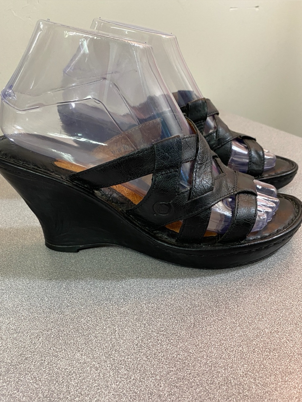 Born Black Leather Crisscross Wedge Slide Sandals